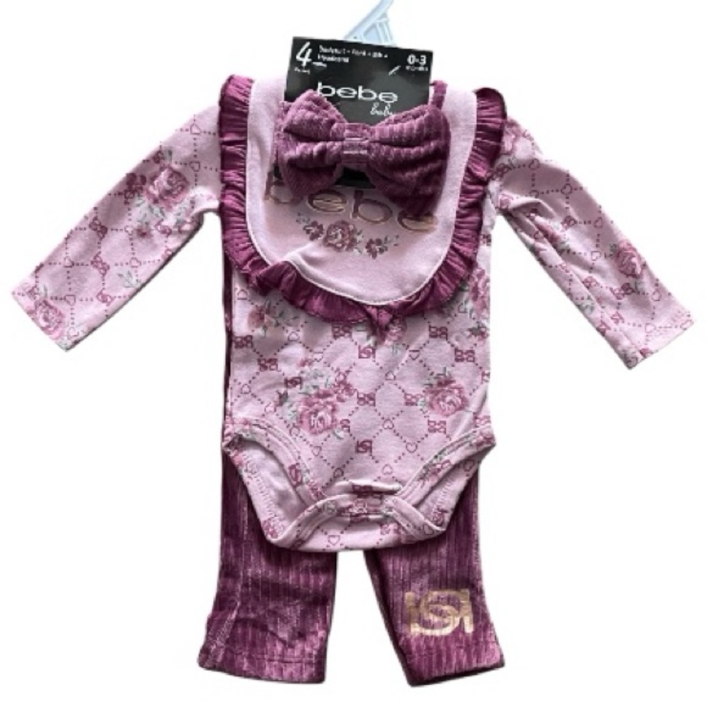 Bebe Baby 4-Piece Outfit Set 0-3 Months Pink Floral Bodysuit Pants Bib Headband